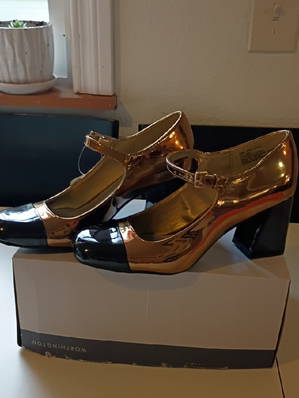 Gold and Black Mary Jane Block Heels with Ankle Strap